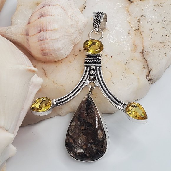 Handmade Artisan Jewelry - Silver Pendant Genuine Jasper Citrine Necklace